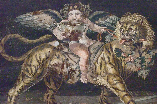 Dionysiac Mosaic of cupid or young Dionysos riding a tiger from the House of the Faun in Pompeii Roman 1st Century CE