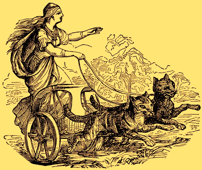 In Norse mythology, Freyja rides a chariot pulled by two cats