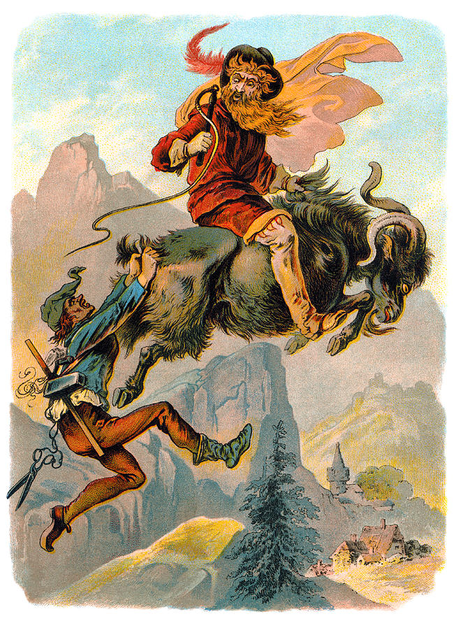 Rubezahl aloft on a goat by Carl Offterdinger | Germanic folktales