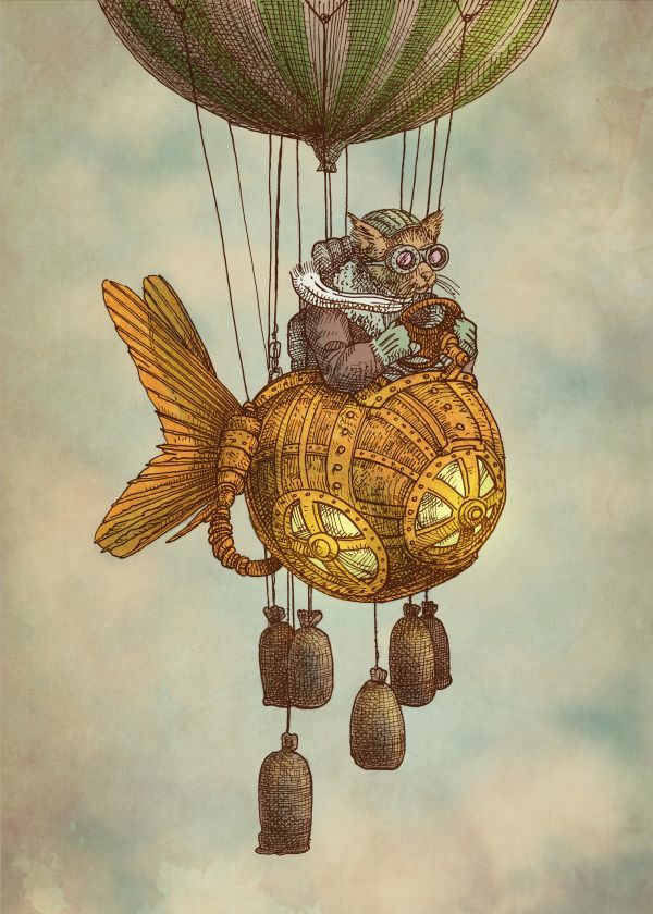 Whimsical Flights by Eric Fan {steampunk cat in flying fish}